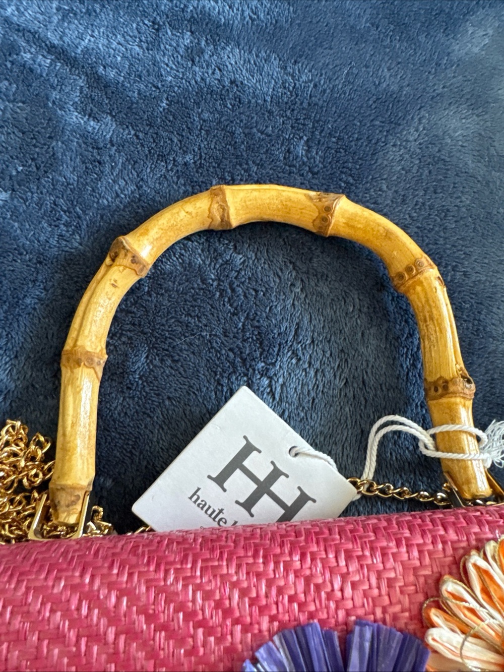 New Haute Hippie Straw Flowers Bamboo Handle Purse Shoulder Crossbody Chain NWT - Picture 8 of 16